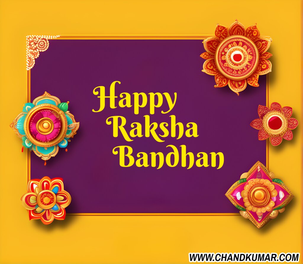 Beautiful Raksha Bandhan wishes Image with yellow and violet background and pink rakhi