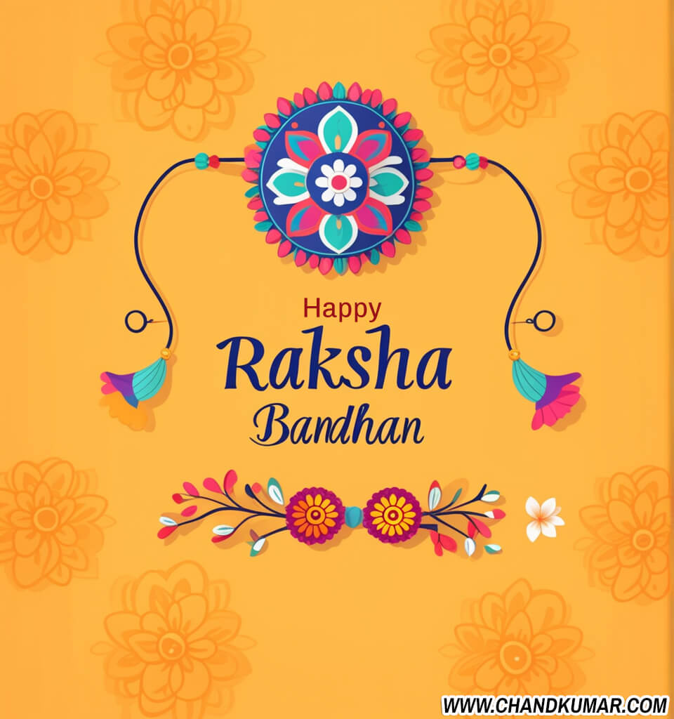 happy raksha bandhan wishes image with yellow background and beautiful rakhi