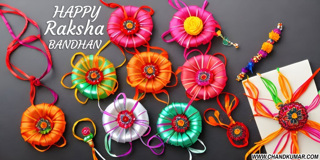 happy raksha bandhan wishes image with dark black background and lots of beautiful rakhi