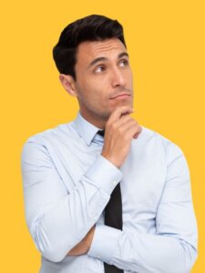 person thinking with yellow background